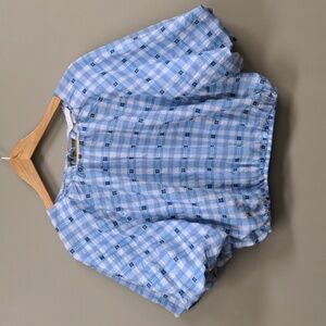 NWT H&M Recycled Cotton Bubble Sleeve Blue and White Plaid Elastic Hem Top Small